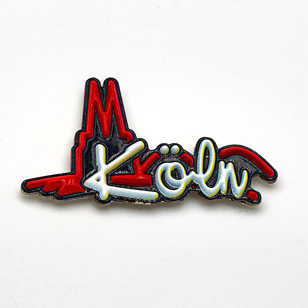 3D-Pin Schriftzug Köln mit Silhouette Dom & Hohenzollernbrücke rot/w/sz