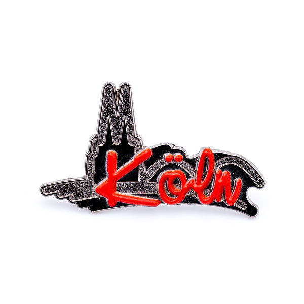 3D-Pin Schriftzug Köln mit Silhouette Dom & Hohenzollernbrücke silber/rot