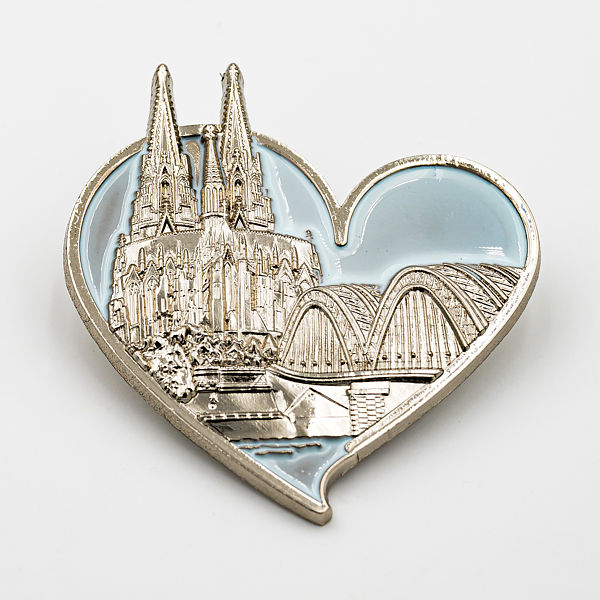 3D-Pin Herz mit Dom & Hohenzollernbrücke silber/blau