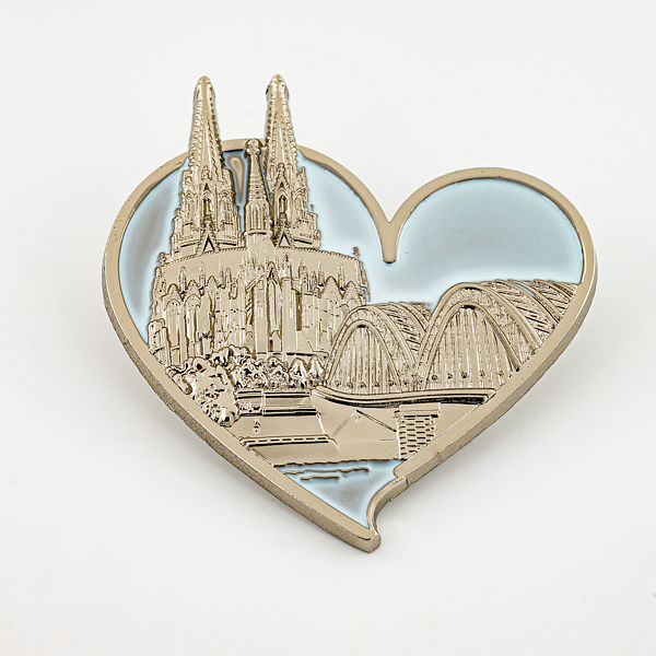 3D-Pin Herz mit Dom & Hohenzollernbrücke silber/blau